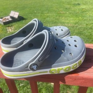 Grey and Green Crocs